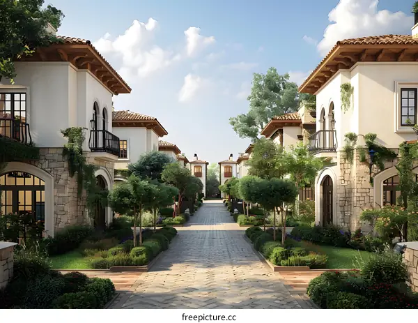 European style residential buildings with stone and brick walls and large windows