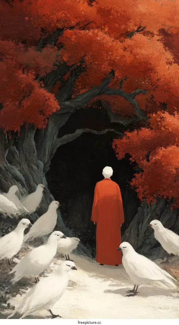 A Figure in Red Robe Amidst White Birds and Autumn Trees