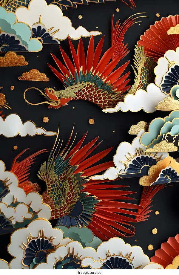 Paper Art Dragon Flying In The Clouds