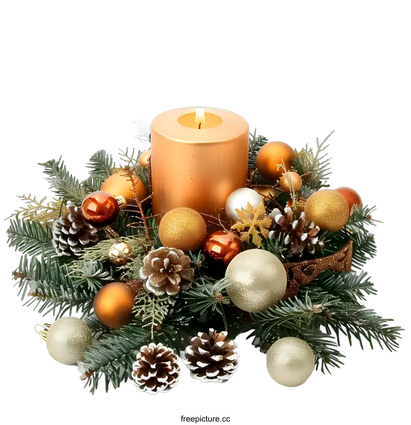 [Transparent Background PNG]Christmas Candle Centerpiece Decoration with Pine Cones and Ornaments