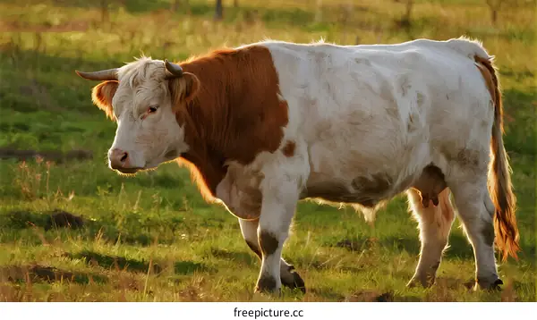 A white and brown cow standing on a green grassy field