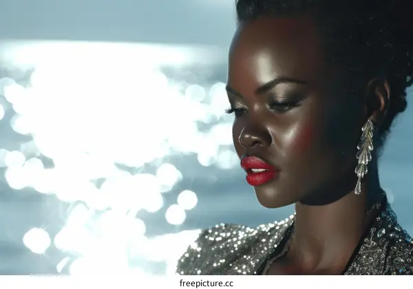 Stunning black model with perfect skin and bright red lips