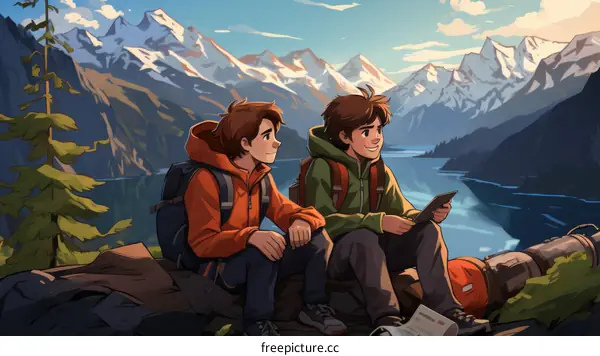 Two friends are sitting on a rock in the mountains looking at a map