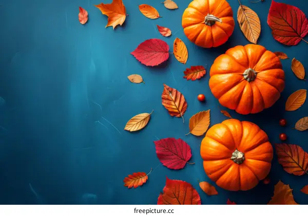 Three pumpkins and autumn leaves on blue background