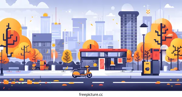 Autumn Cityscape with Scooter and Delivery Truck