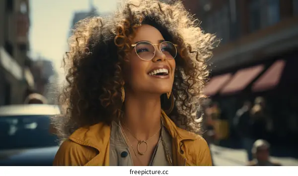 A young woman with curly hair is smiling.