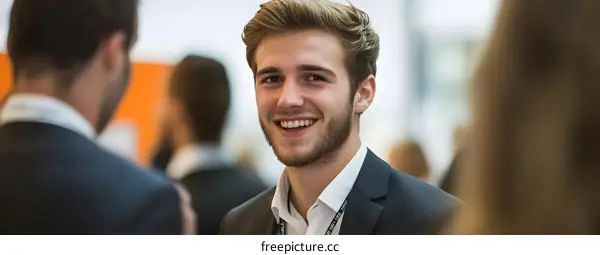 Smiling Man in Suit at Business Conference