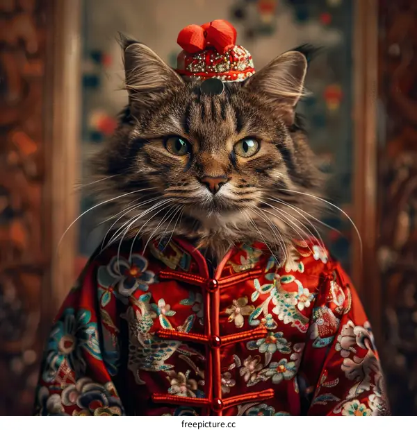 A cat wearing a traditional Chinese robe