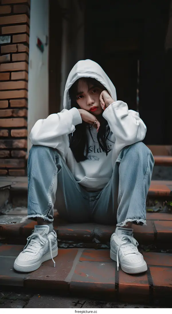 Young Woman in White Hoodie Sitting on Steps