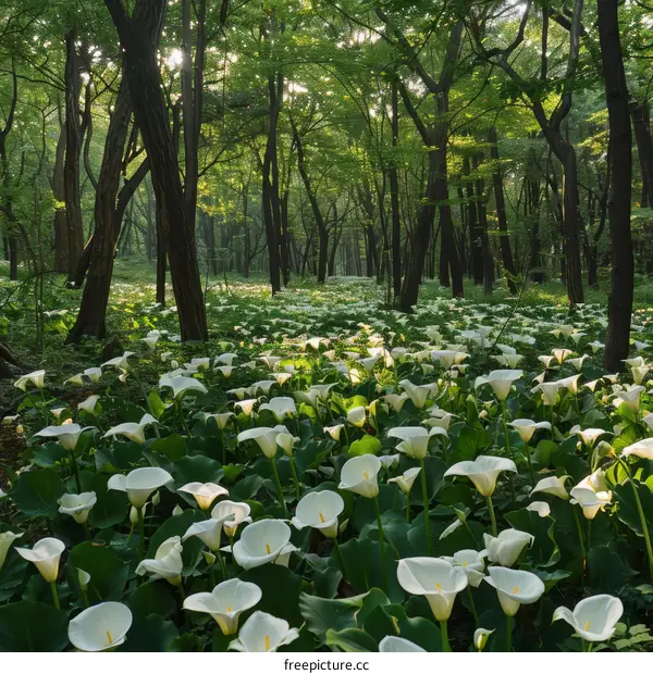 Calla lilies in a lush green forest with sunlight streaming through the trees