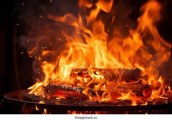 Flames Engulfing Wood on a Grill