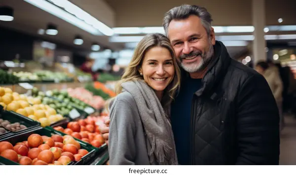 Happy couple shopping for groceries in a supermarket