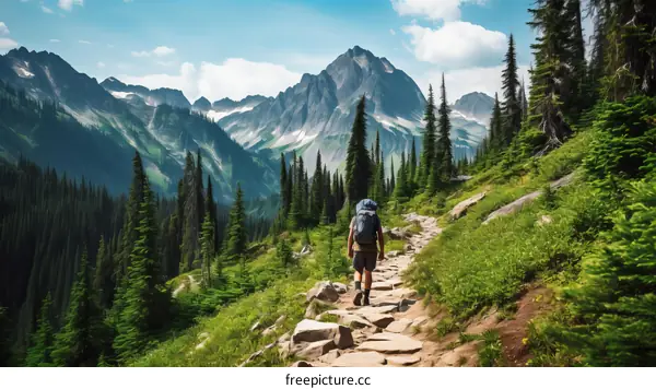 Man hiking in the mountains on a sunny day