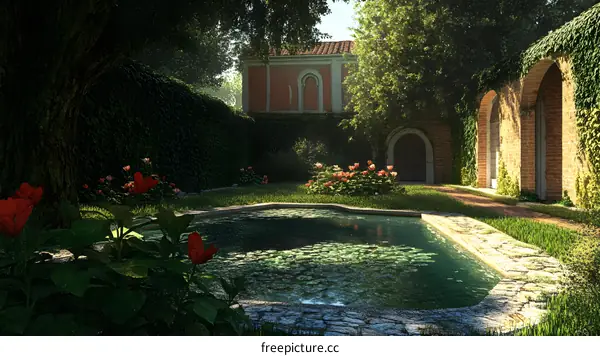 Peaceful Garden Pond With Lush Greenery