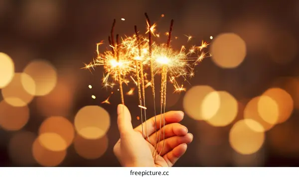 Hand holding a bunch of lit sparklers against a blurry background of bokeh lights