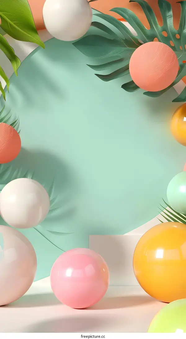 Abstract Summer Background With Pastel Colored Spheres And Tropical Leaves