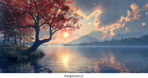 Tranquil Evening by the Lake with Birds Flying Overhead