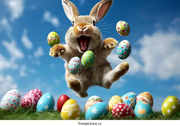 Adorable Easter Bunny Juggling Eggs in the Sky