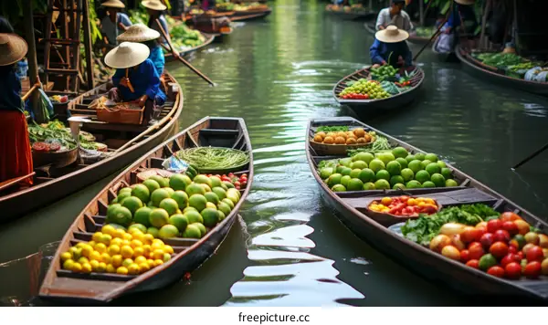 A bustling market with boats full of fresh produce