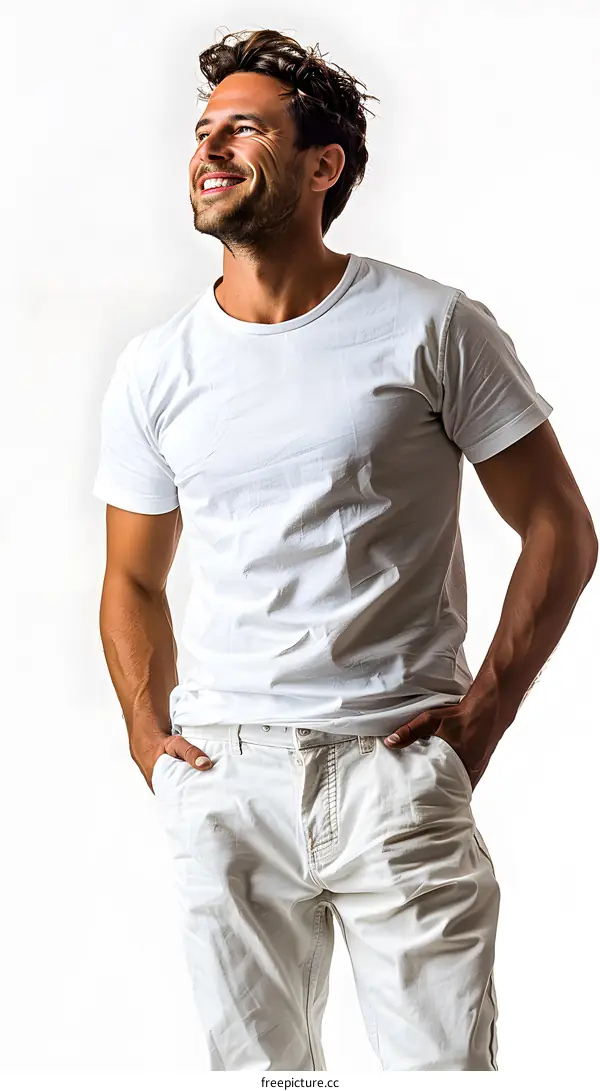 Handsome young man in white clothes posing in the studio