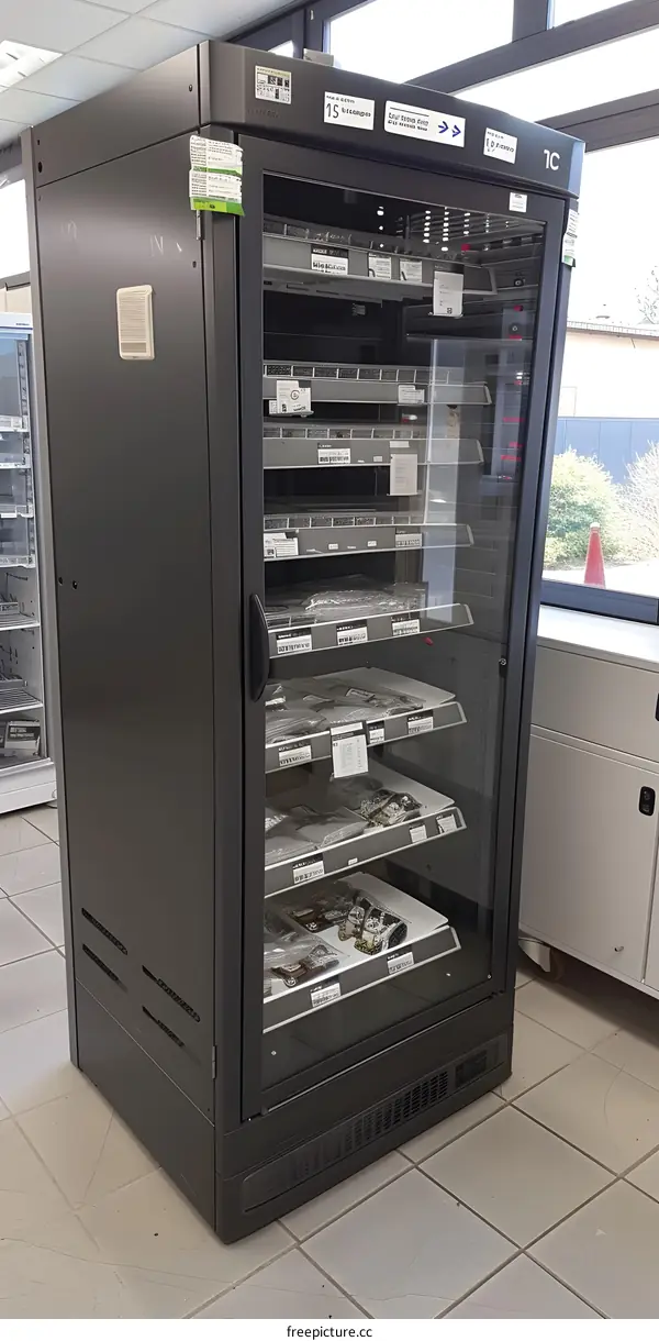 Black Refrigerator With Glass Doors And Shelves