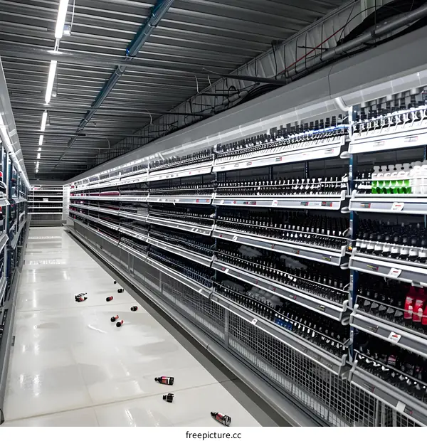 Empty Supermarket Aisle with Bottles on the Floor