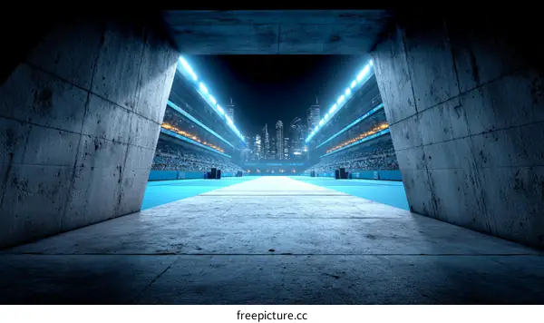 Concrete Tunnel Entrance to Night Racing Stadium with Crowd