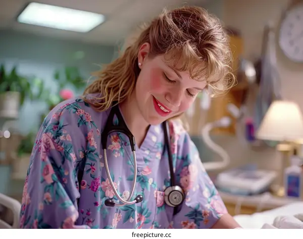 A smiling nurse wearing a floral scrub looks down at a patient