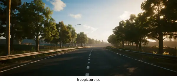 A peaceful road surrounded by lush green trees under a clear sky