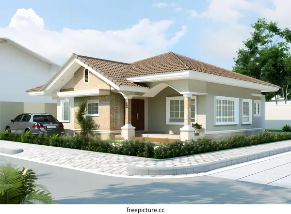 Modern House Design With Brick Wall And Brown Roof