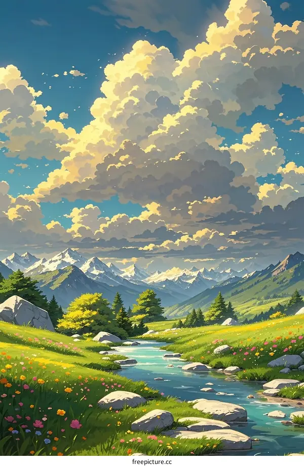 Breathtaking mountain landscape with a flowing river under a sunny sky