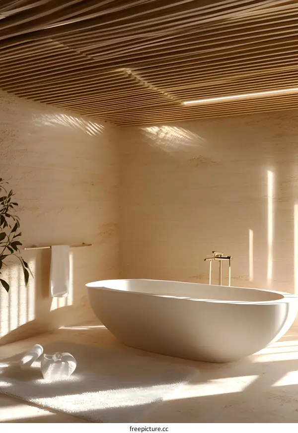 Modern Bathroom Interior Design with White Bathtub and Wooden Ceiling