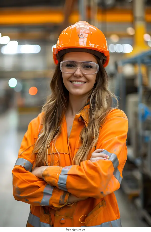 Woman in Hardhat and Safety Glasses in Industrial Setting