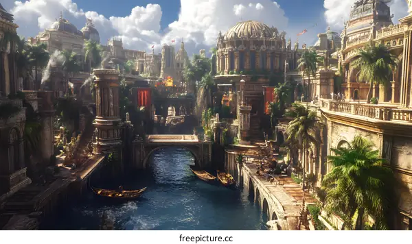 Fantasy City With Stone Buildings and Palm Trees