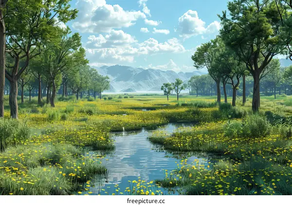 Stunning Green Landscape with Flowing River and Yellow Flowers