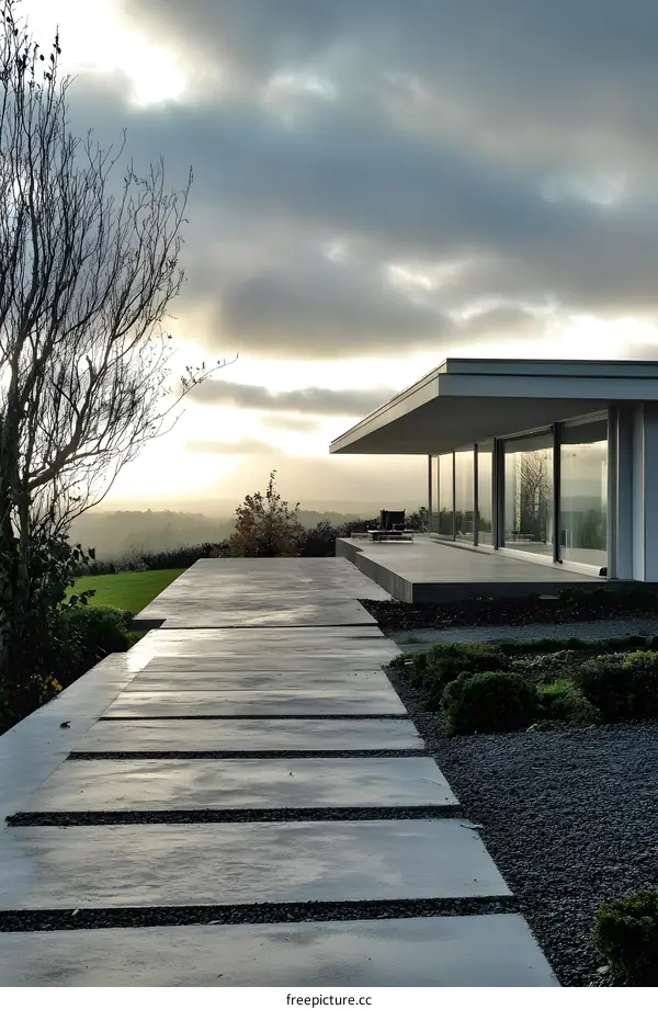 Modern Architecture with Stone Patio and Cloudy Sky