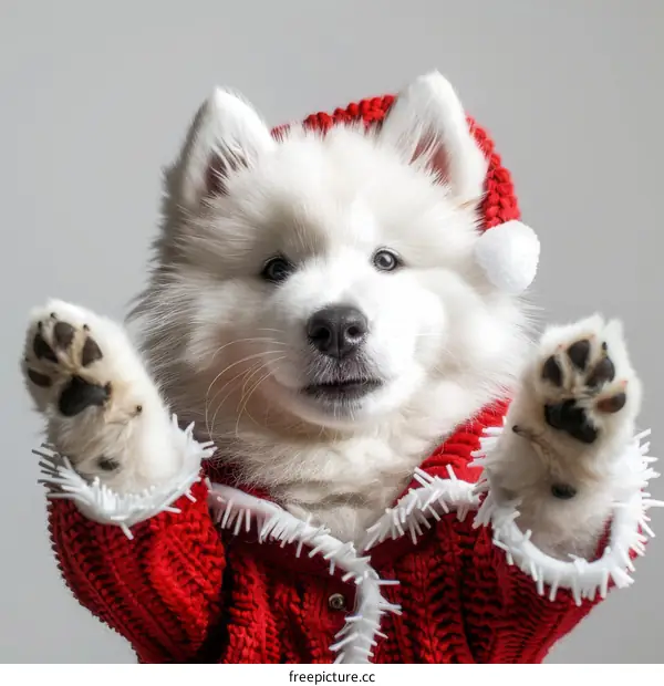 Cute and fluffy Samoyed puppy with a red Santa hat and white trim