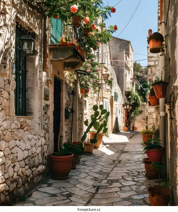 Narrow Stone Street in a European Village with Flowers and Plants