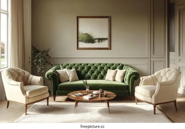 Elegant Living Room Interior Design with Luxurious Sofa and Armchairs