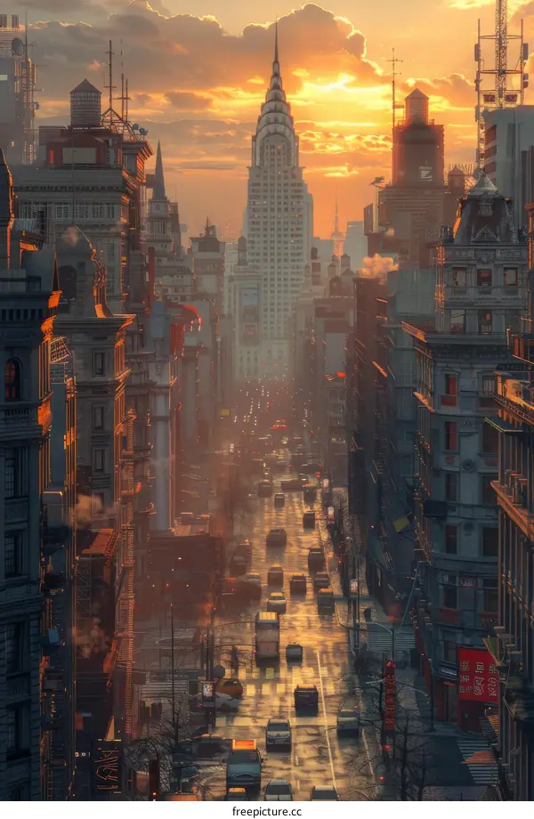 Futuristic Cityscape at Sunrise with Cars