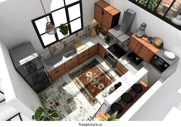 Modern Kitchen Interior Design With Wooden Cabinets And Marble Countertops