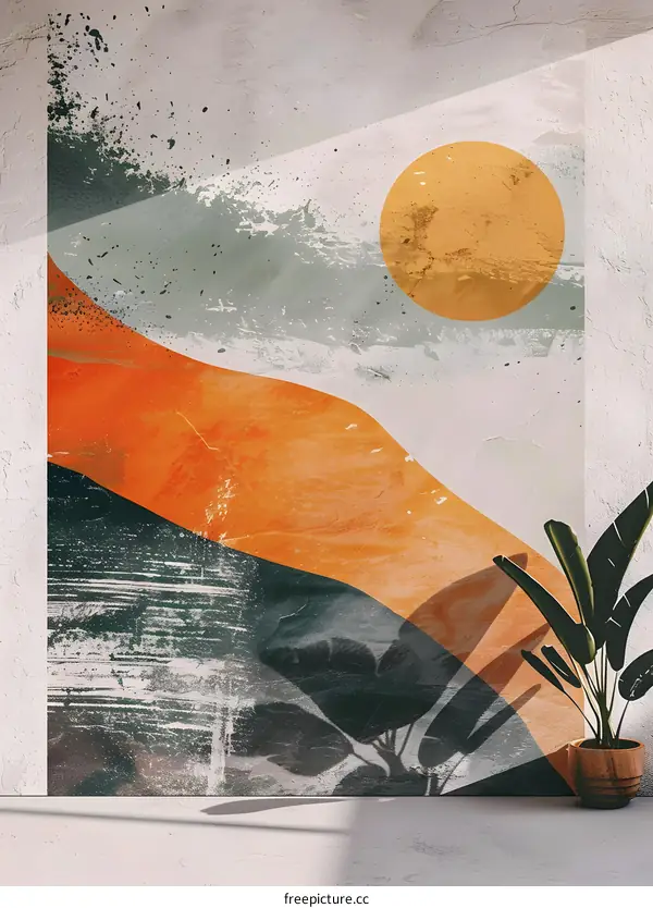 Abstract Wall Art with Sun and Plants