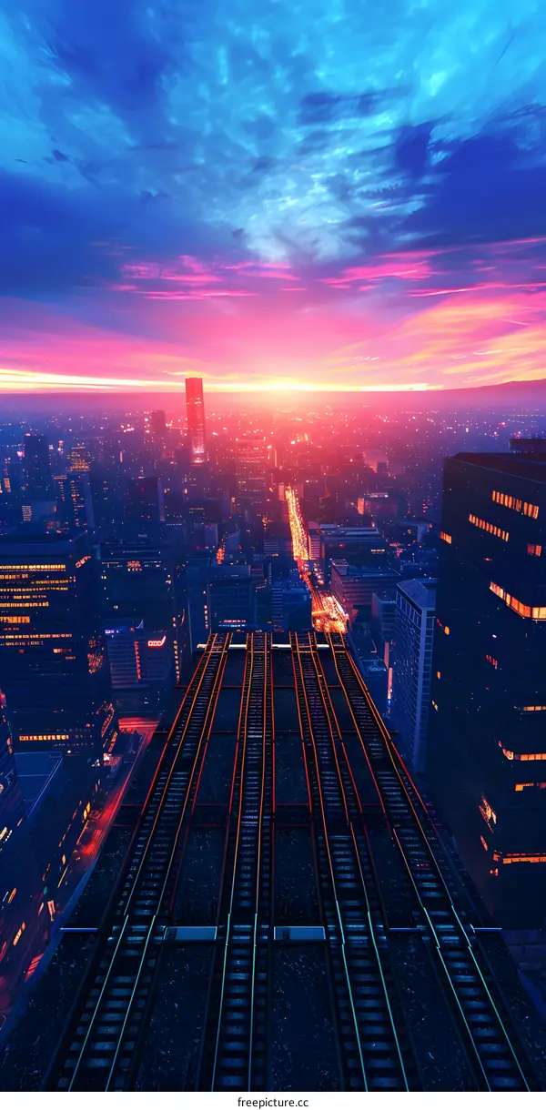 Cityscape with Train Tracks at Sunset