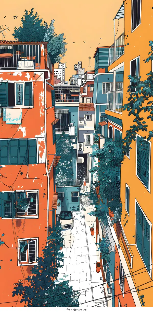 Colorful Illustration of a Narrow Alleyway in a City