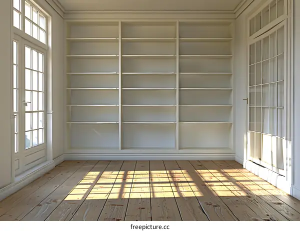 Empty Room with Bookshelves and Hardwood Floor