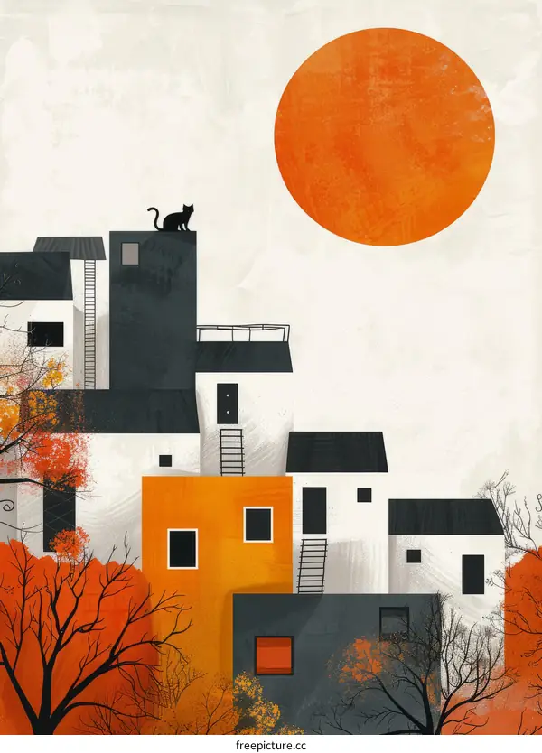 A black cat on the roof of a house with an orange sun in the background