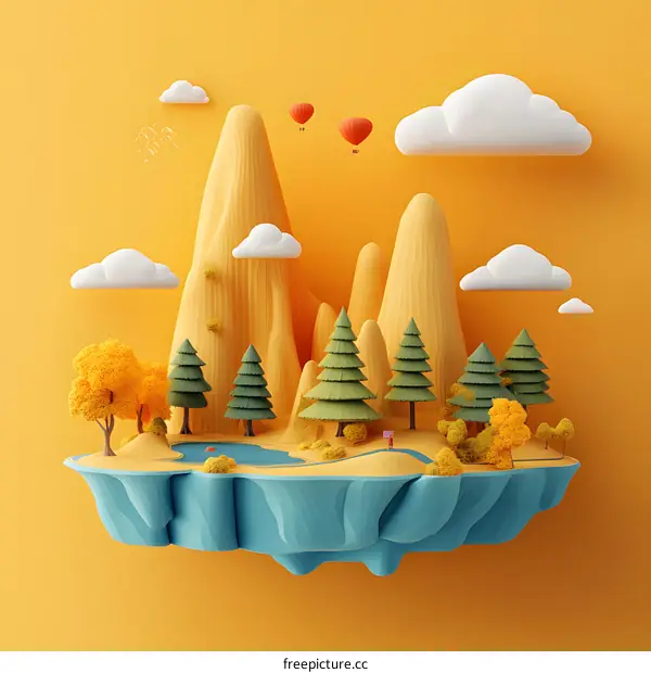 3D Illustration of Mountains and Floating Island