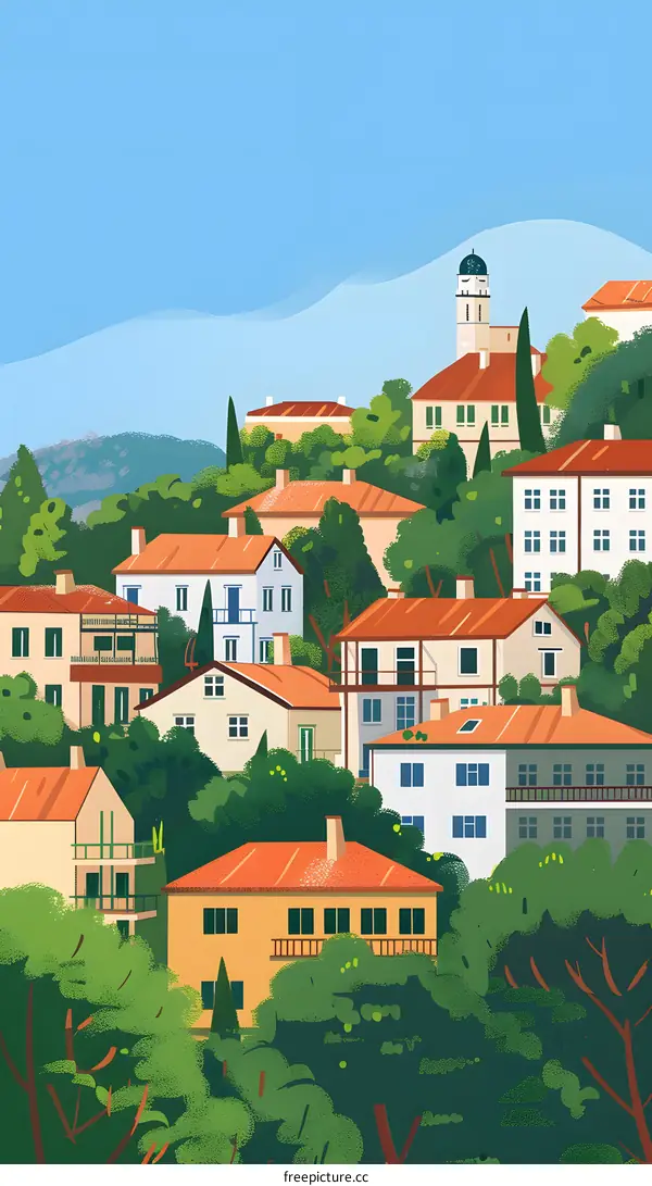 Hilltop European Village Illustration