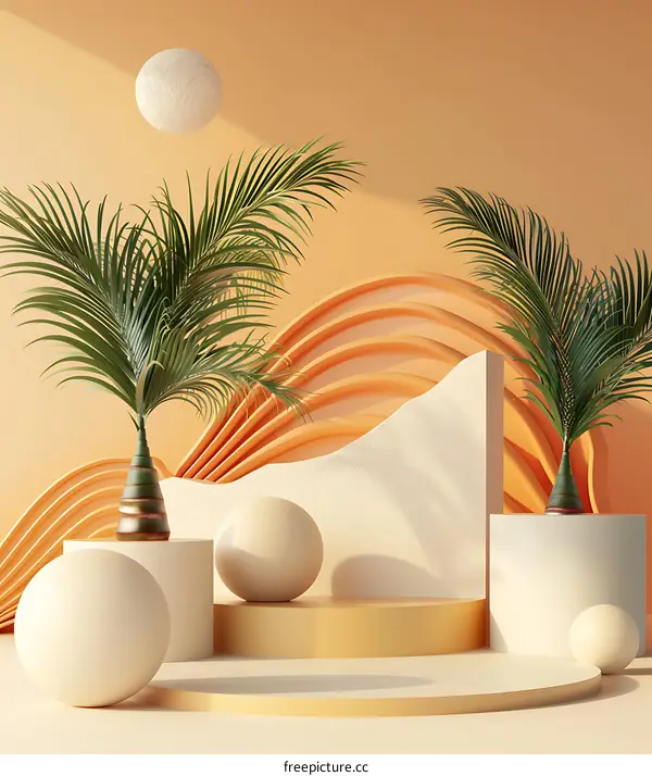 Minimalist 3D Illustration of Orange and White Background with Palm Trees