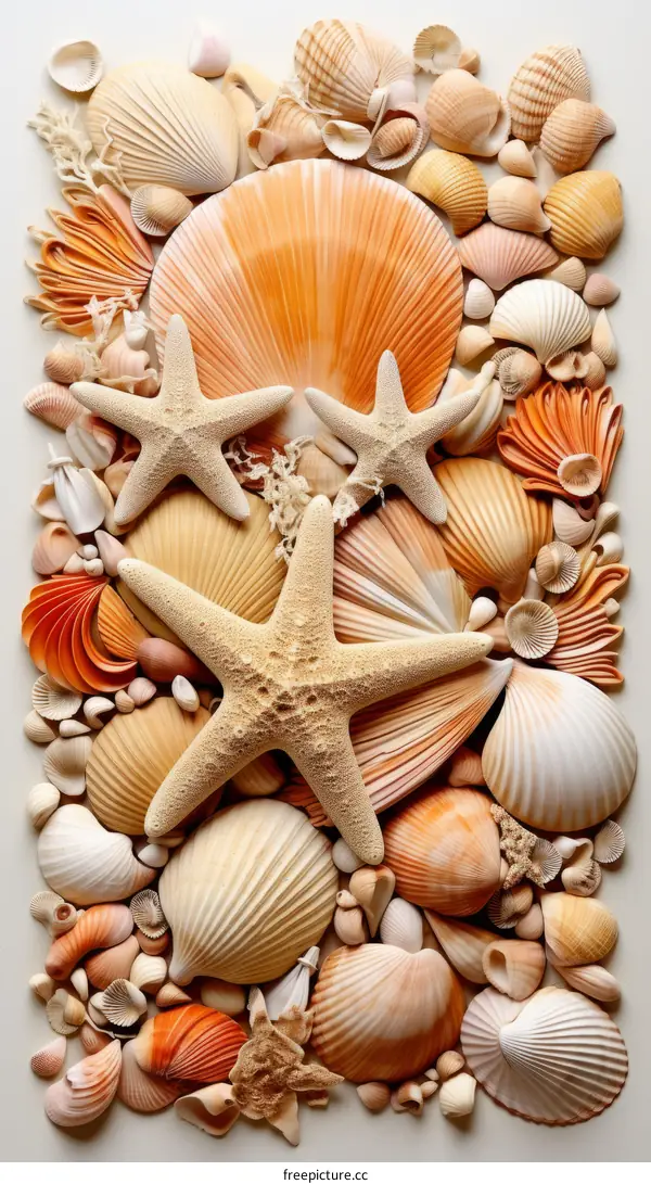 Assortment of Seashells and Starfish on the Beach